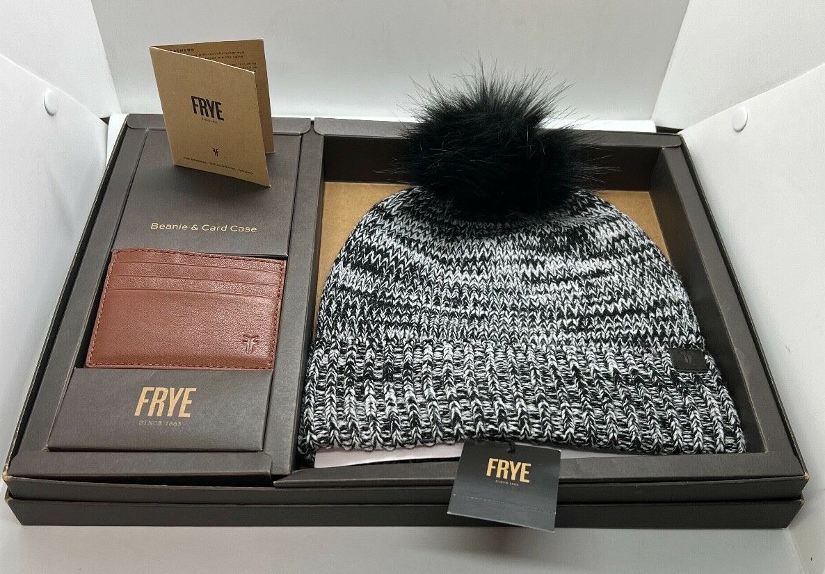 Frye Brown Leather Womens Beanie and Card Case Wallet Hat 
