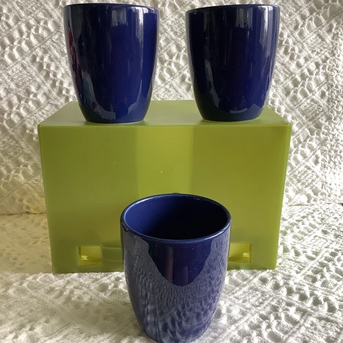 3- Vintage Corelle Cordinates Stoneware Cobalt Navy Blue 12 oz Coffee Mugs