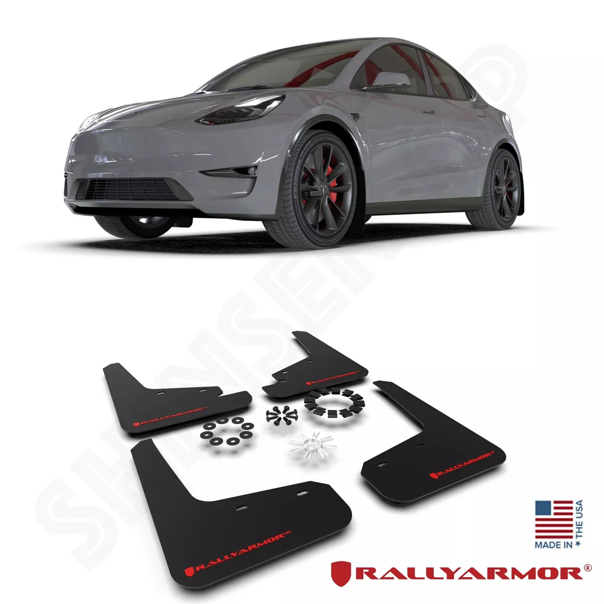 Rally Armor UR Black Mud Flaps w Red Logo for 2020 2023 Tesla Model Y