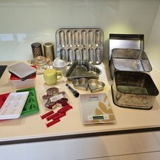 Large Mixed Lot Baking Equipment / Weigh Scales/Tins / Moulds / Trays/ Box / Jar