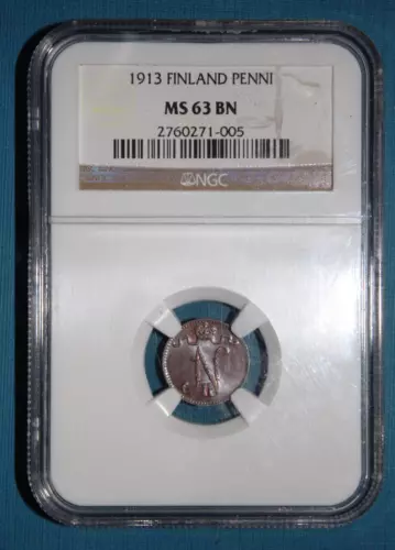 1913 MS63  Finland Copper Penni NGC KM 13, NICE COLORS