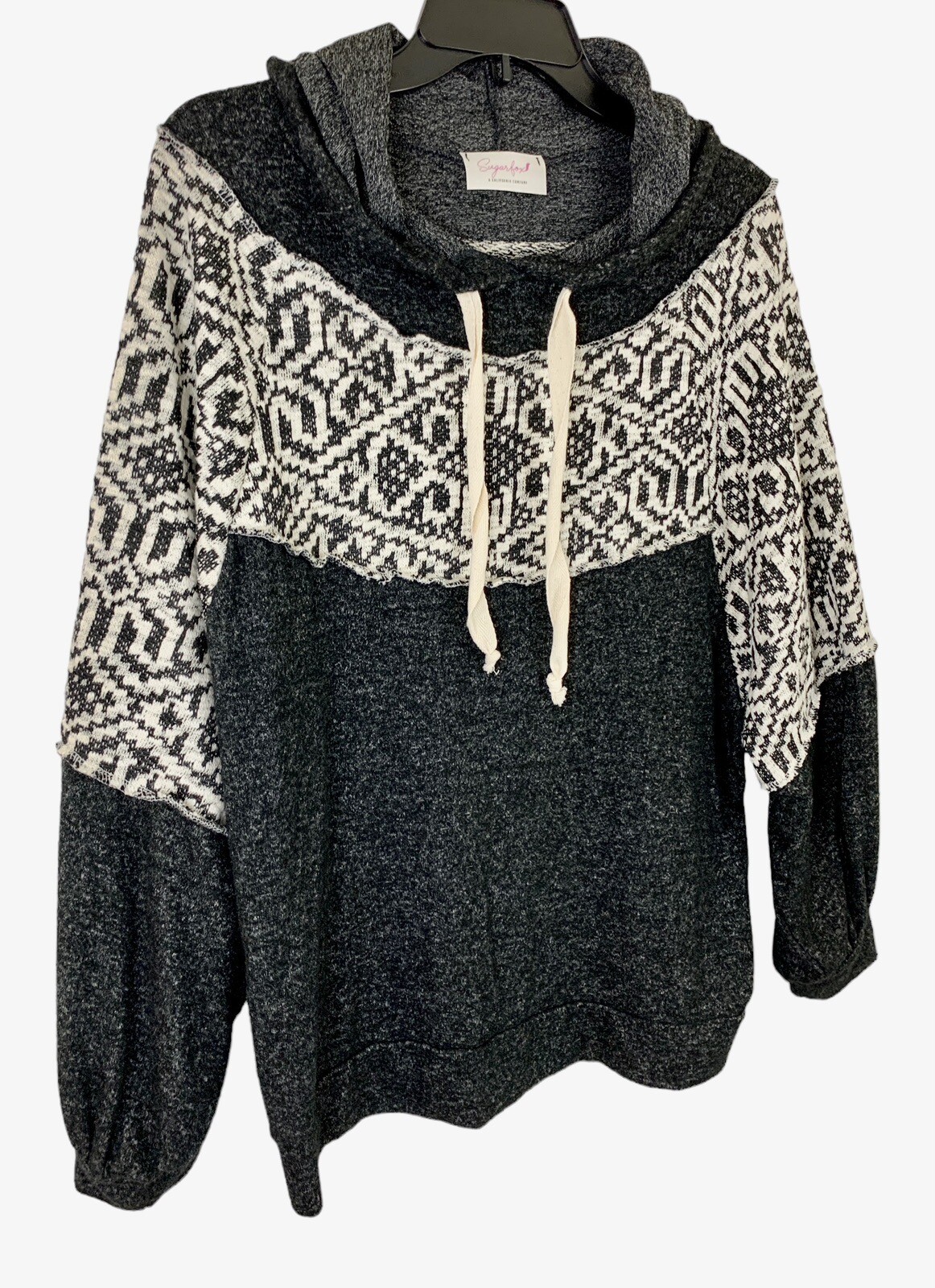 Sugarfox Knit Hoodie Woman’s Sz-M Long  Sleeve Black/Off White Aztec Hacci