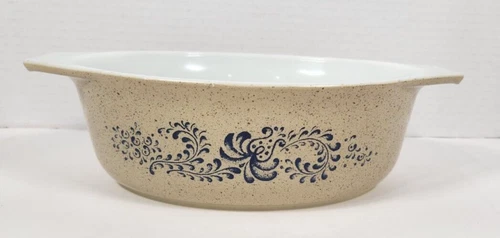 Vintage Pyrex Homestead 043 Oval Casserole Brown Speckled Blue Pattern No Lid