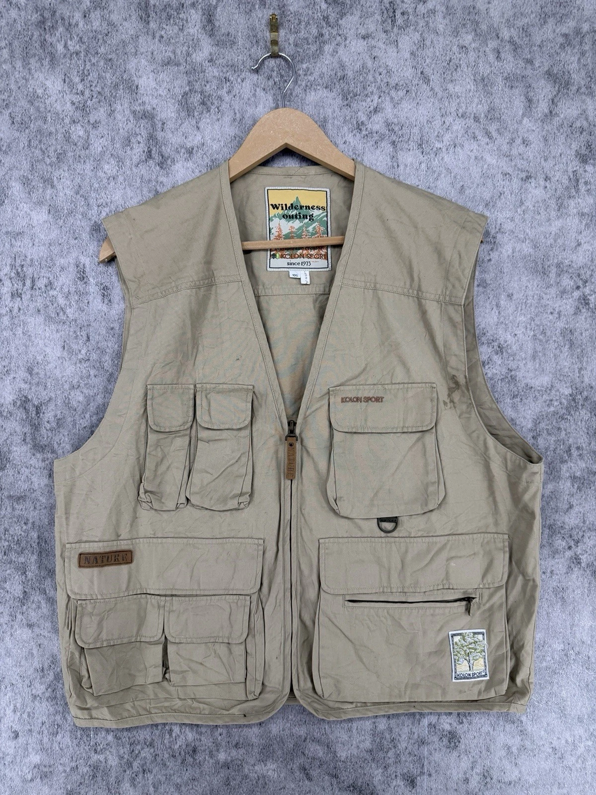 Vintage Kolon Sport Wilderness Outing Utility Fishing Vest Multi-Pocket Khaki XL