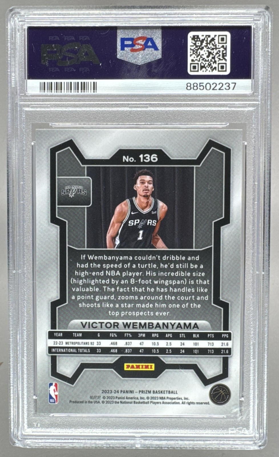 88502237 Victor Wembanyama 2023 Panini Prizm #136 Rookie RC PSA 10 view 2