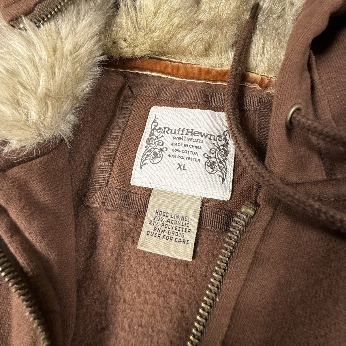 Ruff Hewn Faux Fur Full Zip Split Hood Hoodie Brown Sweatshirt XL