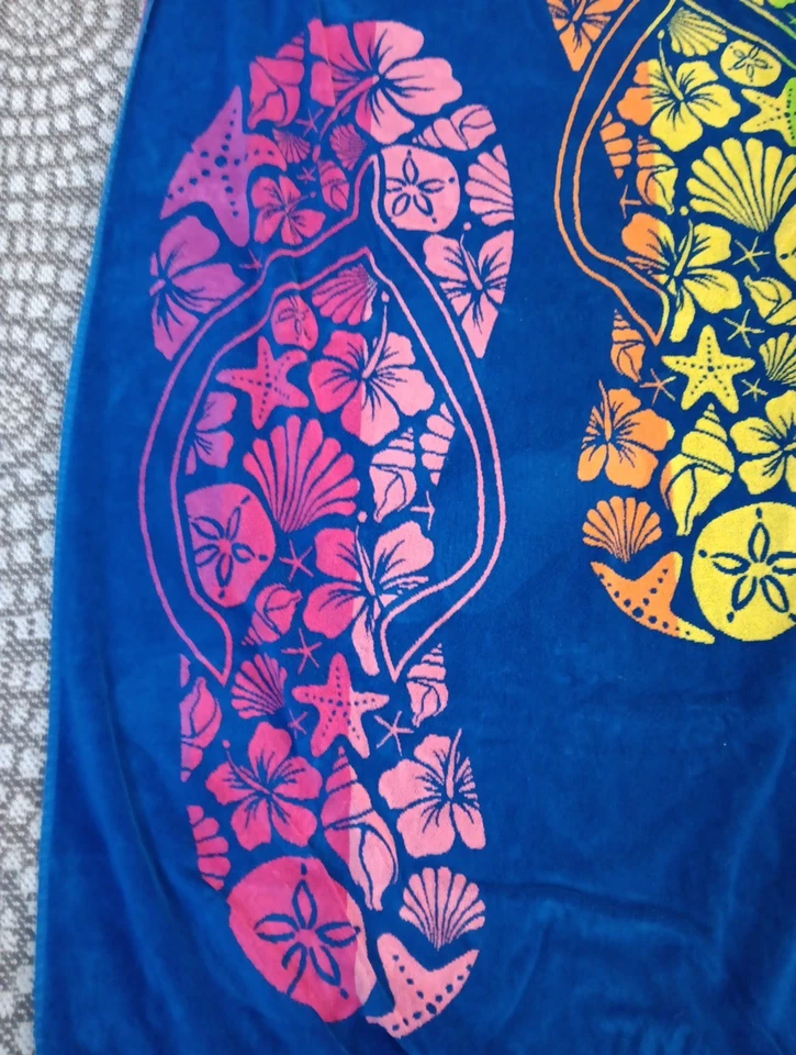 Resort Living Beach Towel VTG Flip Flops VTG Cotton Thick Heavy Reversable Blue - Image 2 of 4
