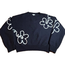 Debut Black Floral Detail Statement Knit Pullover Sweater Size Small