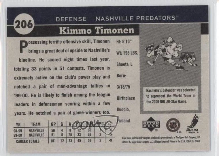2000-01 Upper Deck Vintage Kimmo Timonen #206 - Image 2 of 2
