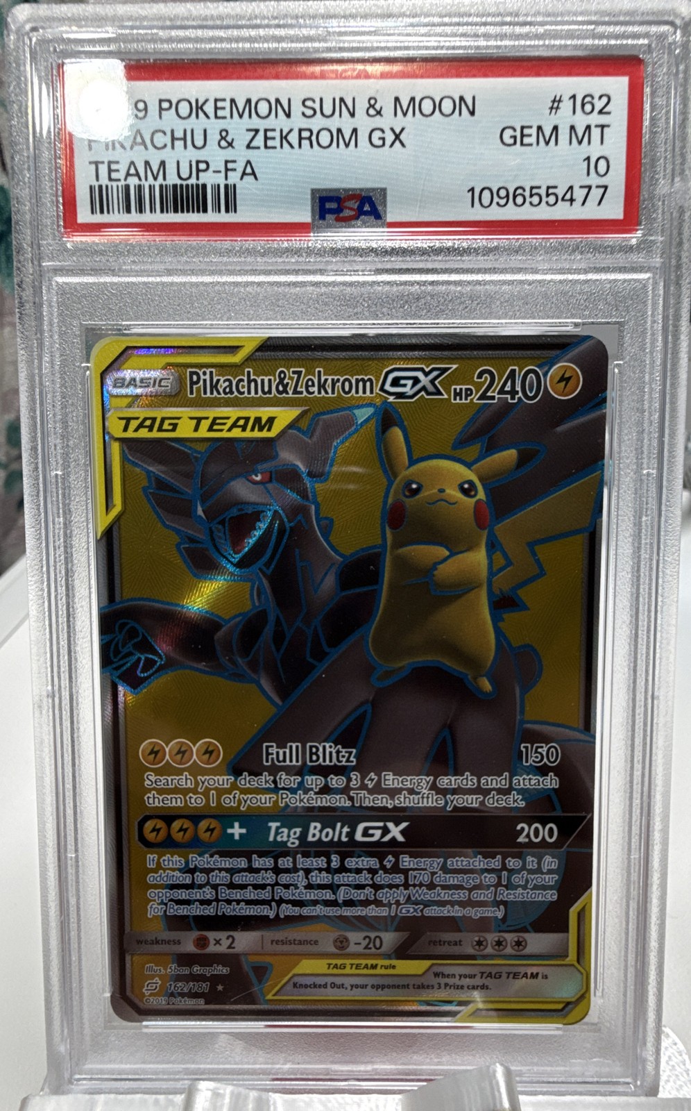 2019 POKEMON SUN & MOON TEAM UP #162 FULL ART/PIKACHU & ZEKROM GX PSA 10