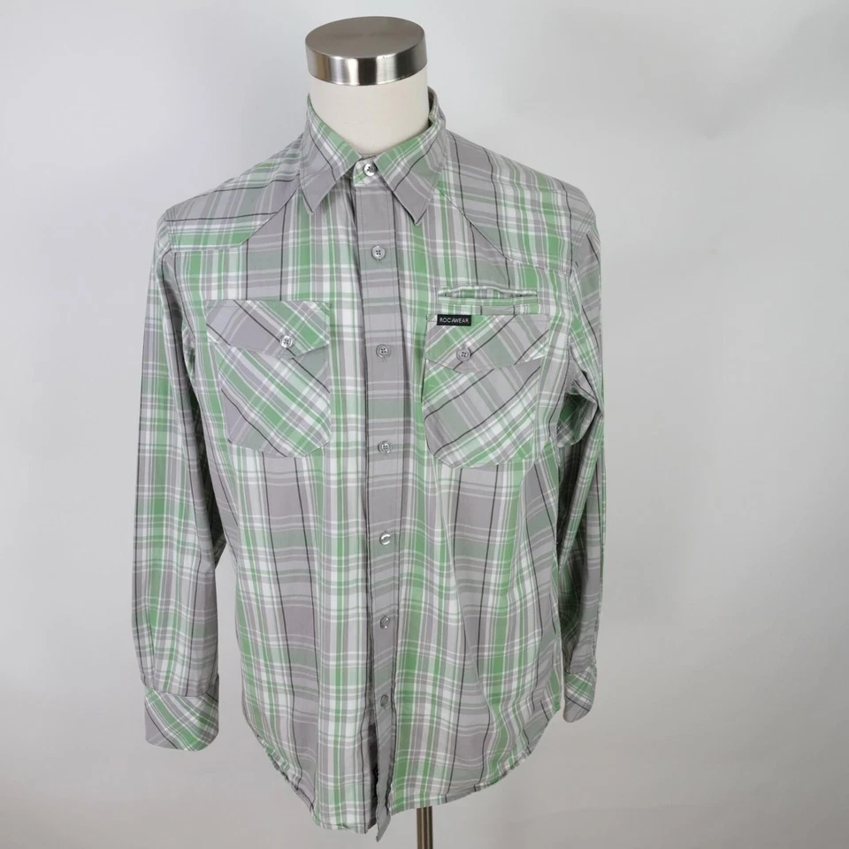 Camisa Rocawear Para Hombre Abotonada Gris Verde A Cuadros Mediana Foto 2 de 4