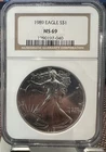 1989 American Silver Eagle NGC MS69 Brown Label -Blast White Gem!