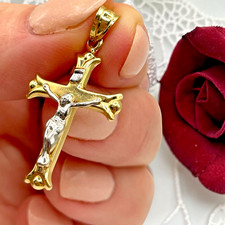 MA Michael Anthony 14K Yellow & White Gold Crucifix Cross Religious Pendant 7/8"