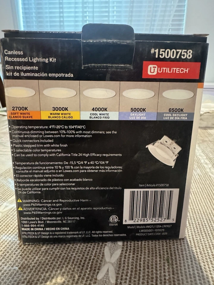 Utilitech Canless LED 4.3" 2700K-6500K 580 Lumens Dimmable #1500758 MRSP $19.99 - Image 2 of 4