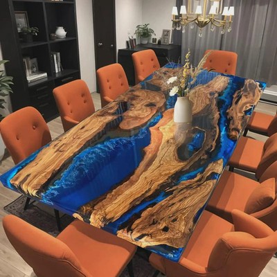 Walnut Ocean Blue Epoxy River Table Top Live Edge Dining