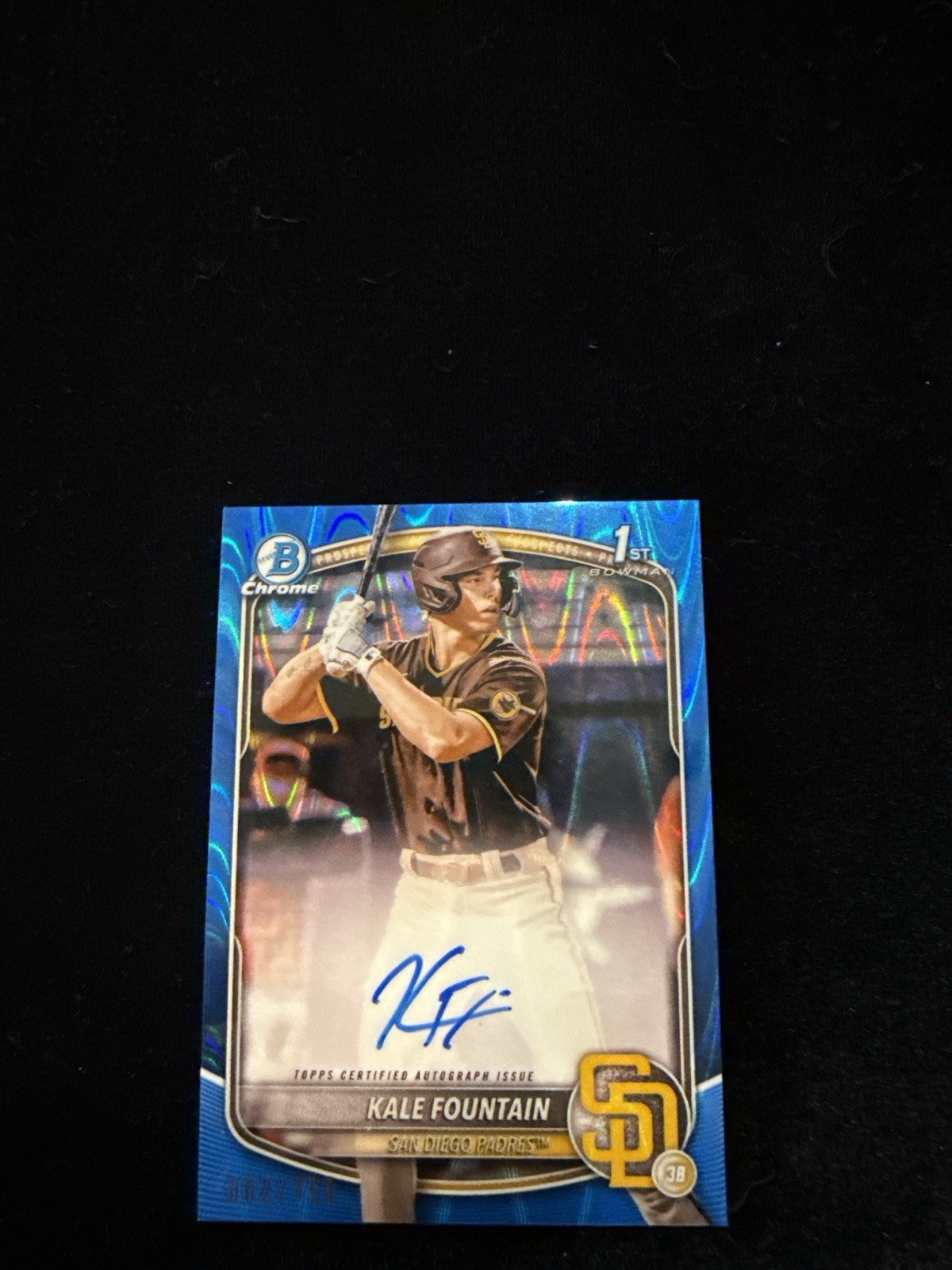 2025 Bowman Chrome Kale Fountain 1st Bowman RayWave Blue Auto /150 Padres CPA-KM