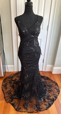 NWT Black Floral Sequin Mermaid Gown Spaghetti Strap Formal Dress Train Gothic