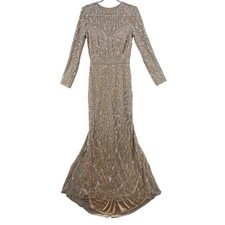 Mac Duggal Mermaid Gown Women 6 Mocha Sequin Beaded Long Sleeve Formal Dress