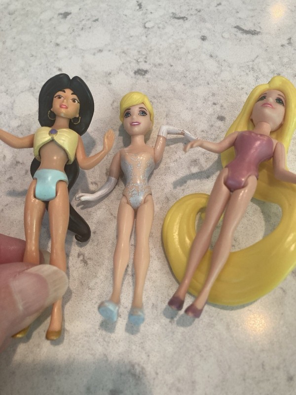 3 Polly Pocket Magiclip Dolls/Cinderella, Jasmine, Rapunzel Tangles