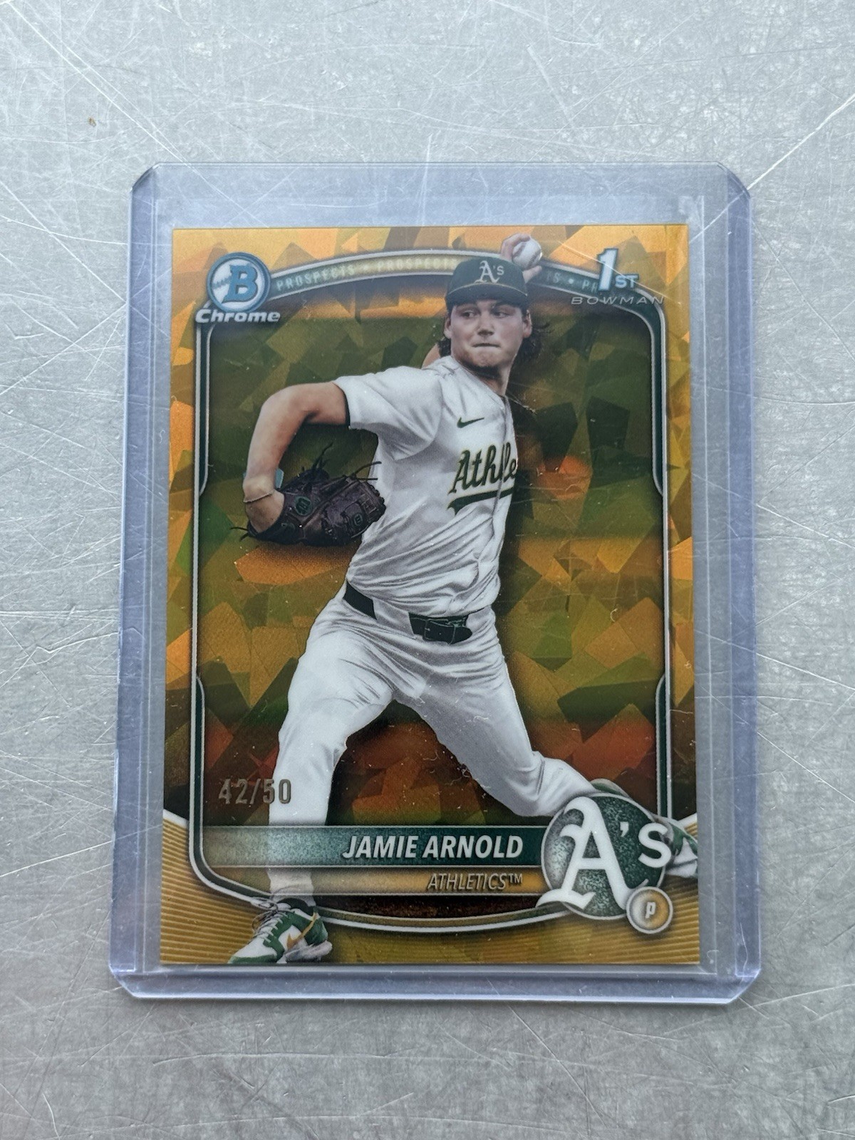 Jamie Arnold 2025 Bowman Draft Sapphire Gold Refractor /50 #BDC-30 – Athletics