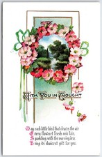 Vintage "With You In Thought" Floral Wreath Poem Postcard Made in USA