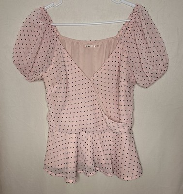 Mi Ami Peplum Top Womens Small Pink Black Polka Dot Puff Sleeve Terran Blouse