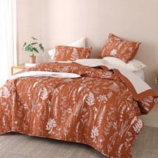 Terracotta Bed Spread Boho Quilt with Floral Pattern Microfiber Quilts Set - ...