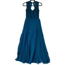 NWT New Belsoie Size 6 Teal Deep V-Neck Floral Lace Lined Sleeveless Maxi Dress