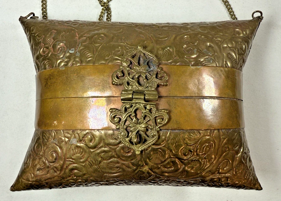 Vintage Brass & Copper Ornate Metal Pillow Purse Purple Velvet Lining - Image 2 of 4