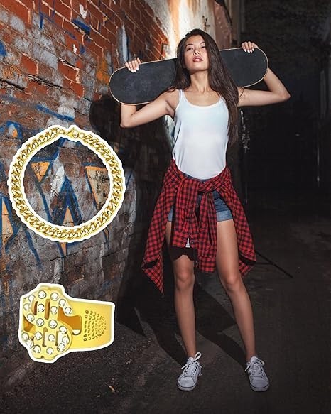 Kit de Costume Hip Hop, Kit de Costume Hip Hop Lunettes de Soleil et Bagues de Rappeur Collier Dollar Bracelet Chaîne d'or 80s 90s Anneau Accessoires de Rappeur des Années 80 90