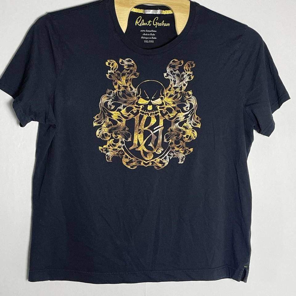 Camiseta Robert Graham Para Hombre Negra 3X Calavera Rockin Camiseta Manga Corta Dorado Brillante Foto 2 de 4