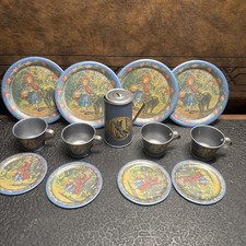 Reproduction R14 Children Tin Tea Set-4 Plates 4 Saucers 4 Cups Pitcher W/Lid