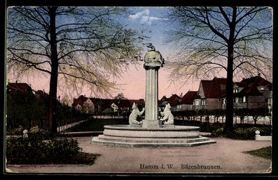 Hamm i. W., Bärenbrunnen mit Häuserpanorama, Ansichtskarte 
