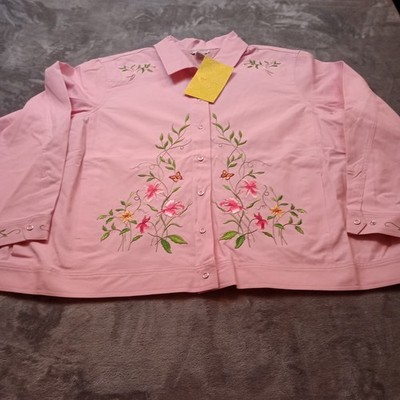 Victor Costa Jacket Plus SIze 3X Pink Embroidered Floral Snap Front Collared
