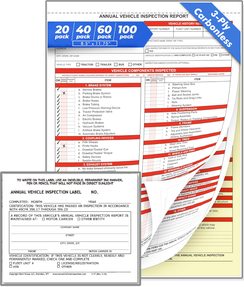 3-ply Carbonless Forms DOT Annual Vehicle Inspection Forms & Labels ...