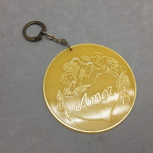Vintage Mardi Gras Keychain Amor Love Cupid Yellow Plastic Parade Throw 3"