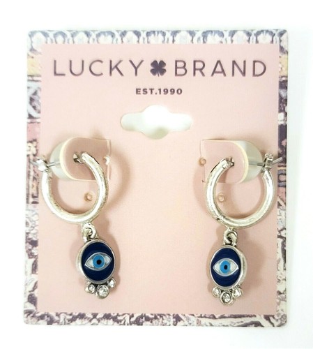 LUCKY BRAND AGED SILVER TONE,BLUE EVIL EYE CHARM,CRYSTALS SMALL HOOP EARRINGS - Picture 2 of 3