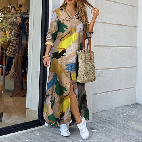 Womens Holiday Beach Long Sleeve Button Down Denim Maxi Shirt Dress Plus 2023 UK - Picture 23 of 49
