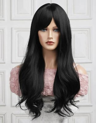 Perruque Synthétique Longue Noire Bouclée Avec Frange - Bonnet Moyen, +4, Neuf