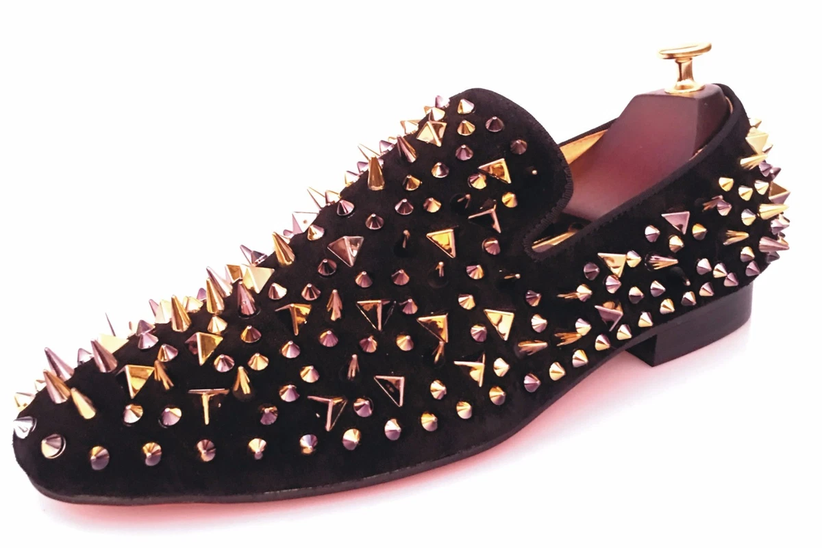 Men's Leather Spikes Loafers Gold Shoes with Red Bottom Slip on Slippers  Flats