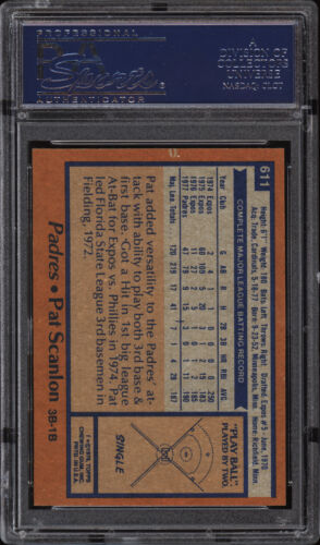1978 Topps #611 Pat Scanlon - Padres - PSA 10 - 18802737 - Imagen 2 de 2