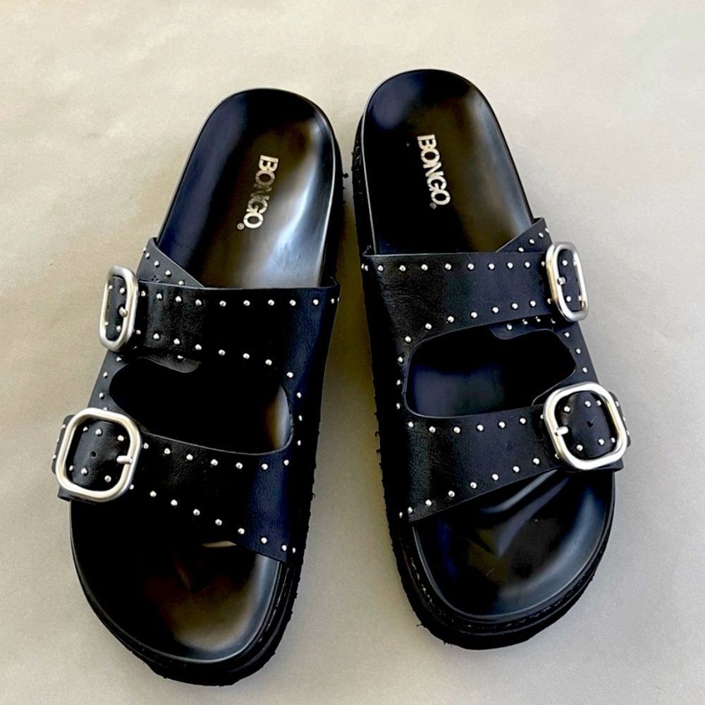 Black Studded Punk Bongo Slides Size 8 with Buckle Detail