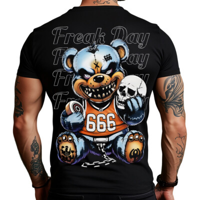 Stuff Box Männer Shirt Bear Freak Day schwarz STB-1248 kurzarm Baumwoll TShirt