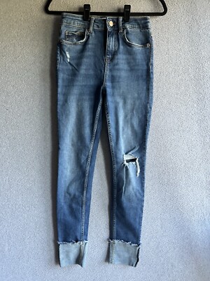 Zara Jeans Womens 24x27 Blue Cuffed Denim Skinny Mid Rise Whiskered  Distressed