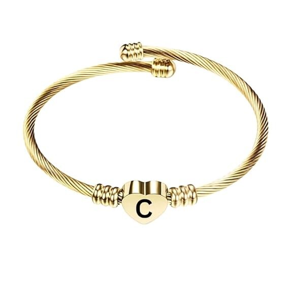 Stainless Steel Heart Word-C Bracelet Engraved Charm Bracelet for Women Golden