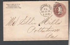 1884 2c postal cover PO Box 937 Philadelphia to Mr Ellis Mills Pottstown PA