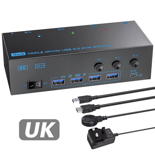 Triple Monitor KVM Switch Box 8K@60Hz 4K@144Hz HDMI + 2*DisplayPort + 4 USB 3.0 - Afbeelding 2 van 21