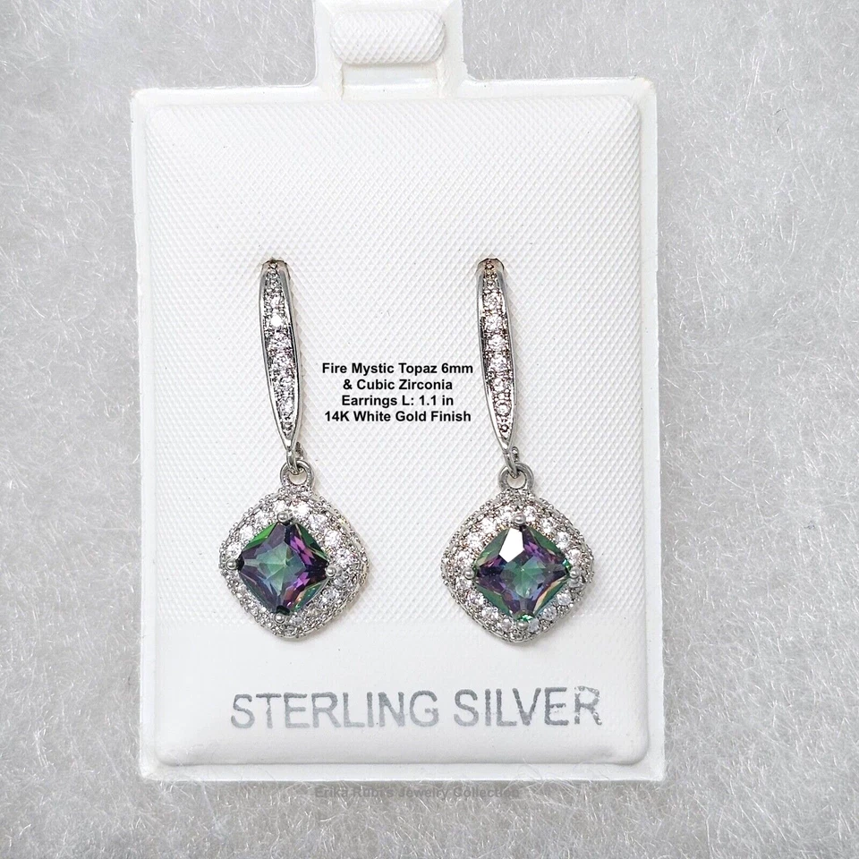 Pendientes de circonita cúbica de topacio místico fuego corte cojín de 4 quilates acabado de oro blanco de 14 quilates de 1 pulgada, plata Foto 4 de 4