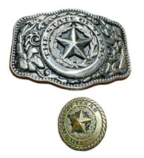 The State of Texas Rodeo Cowboy Belt Buckle and Brass Saddle Concho