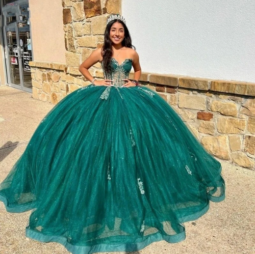 Emerald Green Quinceanera Dresses Ball Gown Off Shoulder Glitter Tulle Sweet 16 - Picture 2 of 8